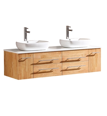 Fresca Bellezza 59" Natural Wood Modern Double Sink Cabinet with Top & Vessel Sinks