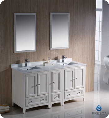 Fresca Oxford 60" Traditional Double Sink Bathroom Vanity with Side Cabinet in Antique White