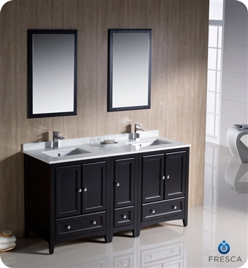 Fresca Oxford 60" Traditional Double Sink Bathroom Vanity with Side Cabinet in Espresso