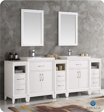 Fresca Cambridge 84" White Double Sink Traditional Bathroom Vanity with Mirrors