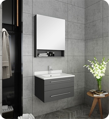 Fresca Lucera 24" Gray Wall Hung Undermount Sink Modern Bathroom Vanity w/ Medicine Cabinet