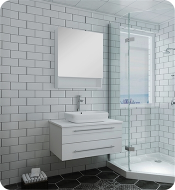 Fresca Lucera 30" White Wall Hung Vessel Sink Modern Bathroom Vanity w/ Medicine Cabinet