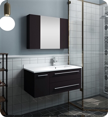 Fresca Lucera 36" Espresso Wall Hung Undermount Sink Modern Bathroom Vanity w/ Medicine Cabinet - Right Version