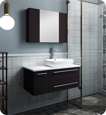 Fresca Lucera 36" Espresso Wall Hung Vessel Sink Modern Bathroom Vanity w/ Medicine Cabinet - Right Version