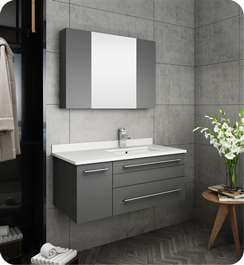 Fresca Lucera 36" Gray Wall Hung Undermount Sink Modern Bathroom Vanity w/ Medicine Cabinet - Right Version