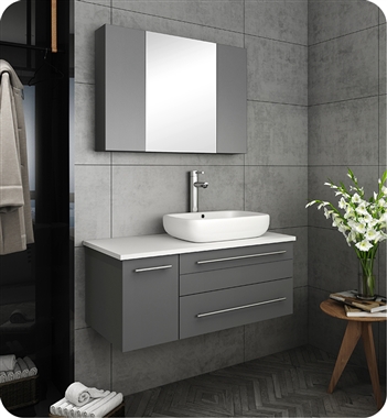 Fresca Lucera 36" Gray Wall Hung Vessel Sink Modern Bathroom Vanity w/ Medicine Cabinet - Right Version