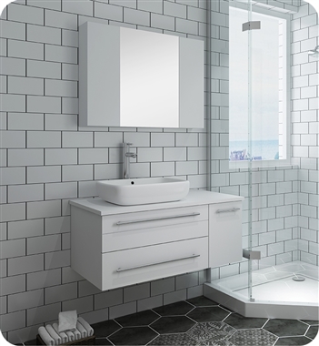 Fresca Lucera 36" White Wall Hung Vessel Sink Modern Bathroom Vanity w/ Medicine Cabinet - Left Version