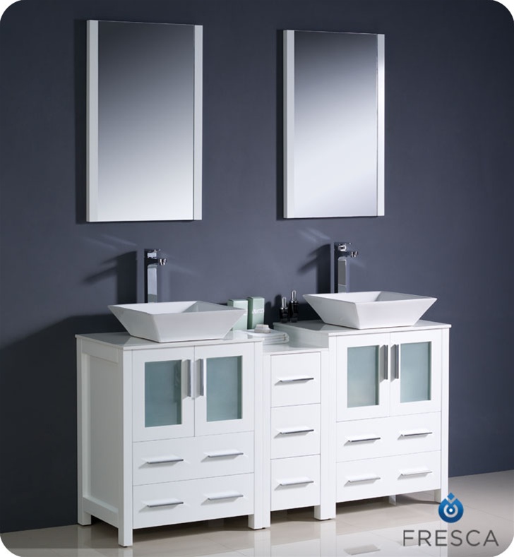 Bathroom Vanity W/Ceramic Vessel Sink Side Shelves Storage Cabinet White