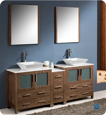 [DISCONTINUED] Fresca Torino 72" Walnut Modern Double Sink Bathroom Vanity w/ Side Cabinet & Vessel Sinks
