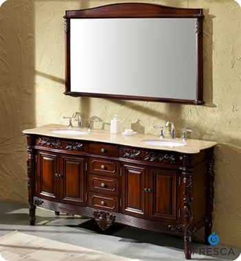 Fresca Laberge Antique Double Sink Bathroom Vanity w/ Travertine Countertop