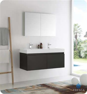 Fresca Mezzo 48" Black Wall Hung Double Sink Modern Bathroom Vanity with Medicine Cabinet