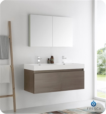 Fresca Mezzo 48" Gray Oak Wall Hung Double Sink Modern Bathroom Vanity with Medicine Cabinet