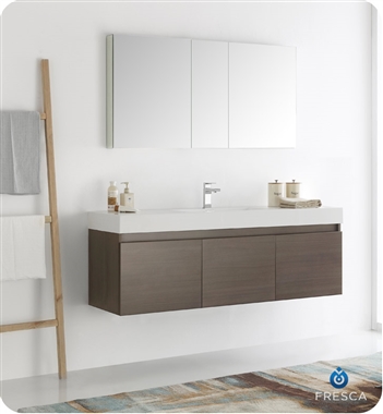 Fresca Mezzo 60" Gray Oak Wall Hung Single Sink Modern Bathroom Vanity with Medicine Cabinet