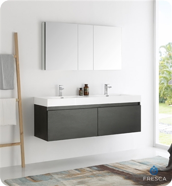 Fresca Mezzo 60" Black Wall Hung Double Sink Modern Bathroom Vanity with Medicine Cabinet