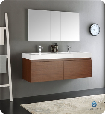 Fresca Mezzo 60" Teak Wall Hung Double Sink Modern Bathroom Vanity with Medicine Cabinet