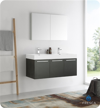 Fresca Vista 48" Black Wall Hung Double Sink Modern Bathroom Vanity with Medicine Cabinet