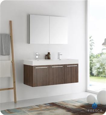 Fresca Vista 48" Walnut Wall Hung Double Sink Modern Bathroom Vanity with Medicine Cabinet