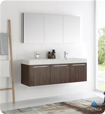 Fresca Vista 60" Walnut Wall Hung Double Sink Modern Bathroom Vanity with Medicine Cabinet