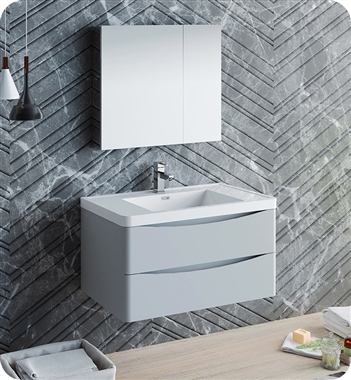 Fresca Tuscany 32" Glossy Gray Wall Hung Modern Bathroom Vanity with Medicine Cabinet
