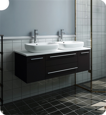 Fresca Lucera 48" Espresso Wall Hung Modern Bathroom Cabinet w/ Top & Double Vessel Sinks