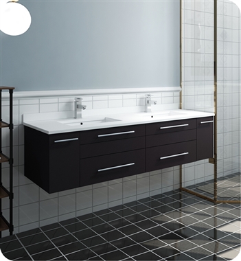 Fresca Lucera 60" Espresso Wall Hung Modern Bathroom Cabinet w/ Top & Double Undermount Sinks