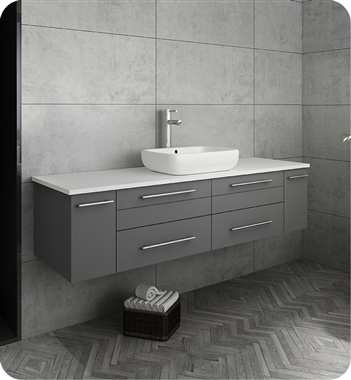 Fresca Lucera 60" Gray Wall Hung Modern Bathroom Cabinet w/ Top & Single Vessel Sink