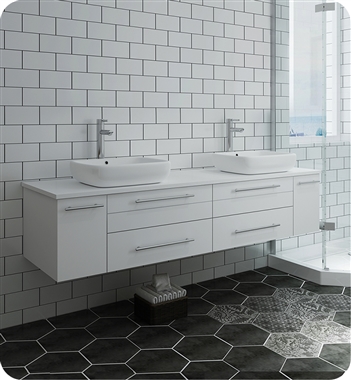 Fresca Lucera 72" White Wall Hung Modern Bathroom Cabinet w/ Top & Double Vessel Sinks
