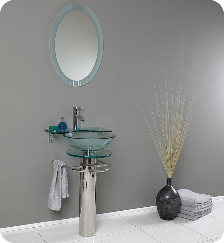 Fresca Ovale Vessel Sink in Clear Glass with Stand in Chrome and Frosted Edge Mirror Fresca Ovale Vessel Sink in Clear Glass with Stand in Chrome and Frosted Edge Mirror