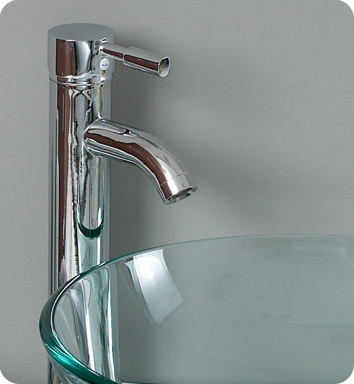 Fresca Ovale Vessel Sink in Clear Glass with Stand in Chrome and Frosted Edge Mirror Fresca Ovale Vessel Sink in Clear Glass with Stand in Chrome and Frosted Edge Mirror