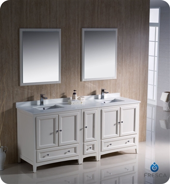 Fresca Oxford 72" Traditional Double Sink Bathroom Vanity with Side Cabinet in Antique White