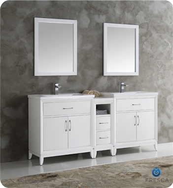 Fresca Cambridge 72" White Double Sink Traditional Bathroom Vanity with Mirrors