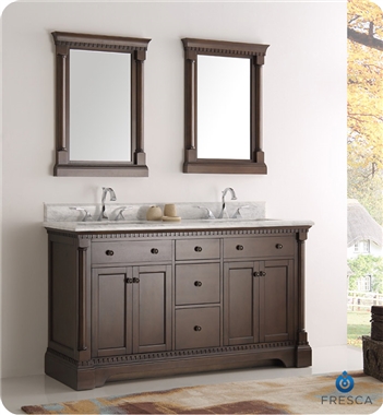 Fresca Kingston 61" Antique Coffee Double Sink Traditional Bathroom Vanity with Mirrors