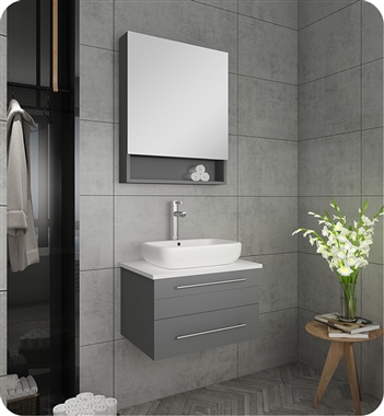 Fresca Lucera 24" Gray Wall Hung Vessel Sink Modern Bathroom Vanity w/ Medicine Cabinet