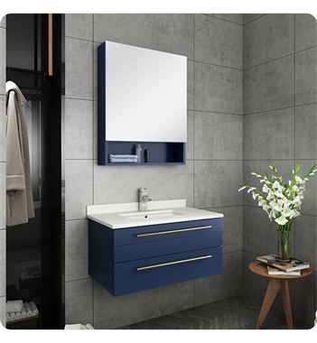 Fresca Lucera 30" Blue Wall Hung Undermount Sink Modern Bathroom Vanity w/ Medicine Cabinet