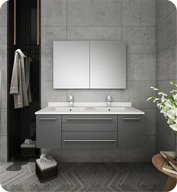 Fresca Lucera 48" Gray Wall Hung Double Undermount Sink Modern Bathroom Vanity w/ Medicine Cabinet