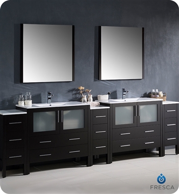 Fresca Torino 108" Espresso Modern Double Sink Bathroom Vanity with 3 Side Cabinets and Integrated Sinks