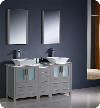 Fresca Torino 60" Grey Modern Double Sink Bathroom Vanity with Side Cabinet and Vessel Sinks