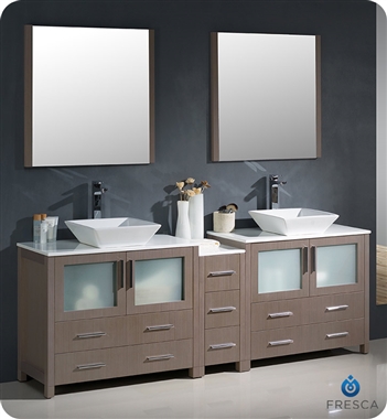 Fresca Torino 84" Gray Oak Modern Double Sink Bathroom Vanity with Side Cabinet and Vessel Sinks
