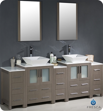 Fresca Torino 84" Gray Oak Modern Double Sink Bathroom Vanity with 3 Side Cabinets and Vessel Sinks