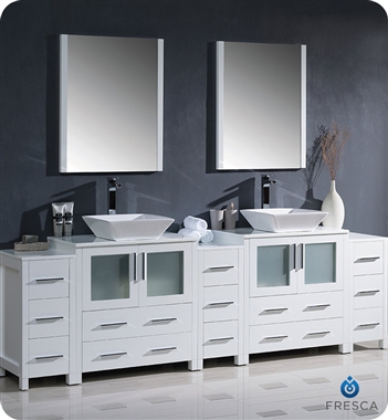 Fresca Torino 96" White Modern Double Sink Bathroom Vanity with 3 Side Cabinets and Vessel Sinks