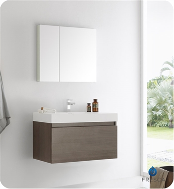 Fresca Mezzo 36" Gray Oak Wall Hung Modern Bathroom Vanity w/ Medicine Cabinet