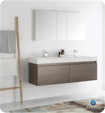 Fresca Mezzo 60" Gray Oak Wall Hung Double Sink Modern Bathroom Vanity with Medicine Cabinet