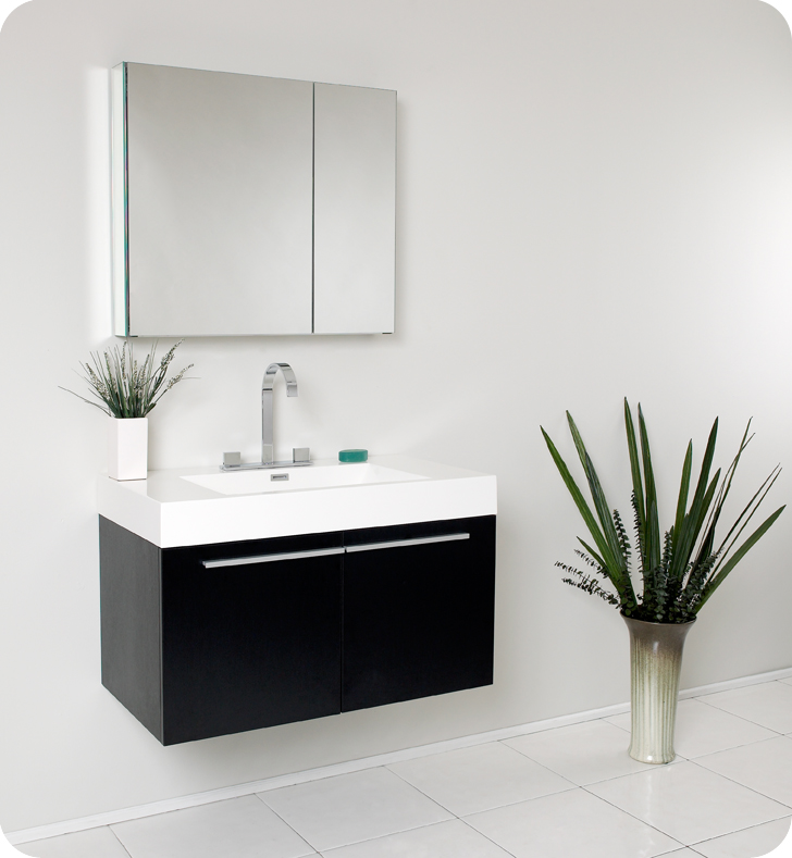 White Ceramic Cabinet Bathroom Sink with Modern Black Cabinet