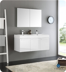 Fresca Vista 48" White Wall Hung Double Sink Modern Bathroom Vanity with Medicine Cabinet
