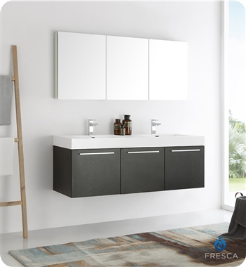 Fresca Vista 60" Black Wall Hung Double Sink Modern Bathroom Vanity with Medicine Cabinet