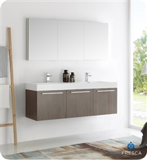 Fresca Vista 60" Gray Oak Wall Hung Double Sink Modern Bathroom Vanity with Medicine Cabinet