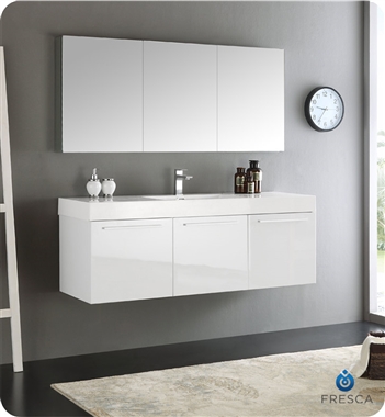 Fresca Vista 60" White Wall Hung Single Sink Modern Bathroom Vanity with Medicine Cabinet