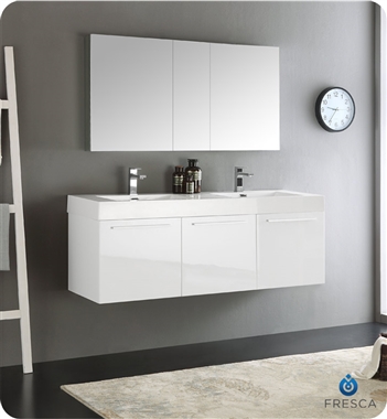 Fresca Vista 60" White Wall Hung Double Sink Modern Bathroom Vanity with Medicine Cabinet