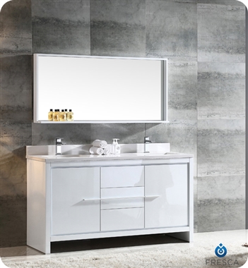 Fresca Allier 60" White Modern Double Sink Bathroom Vanity w/ Mirror