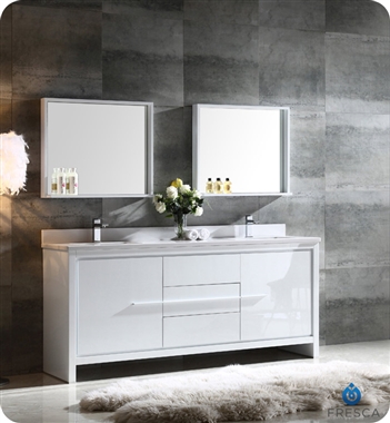 Fresca Allier 72" White Modern Double Sink Bathroom Vanity w/ Mirror